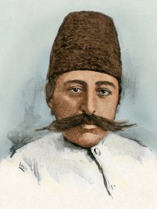 Portrait of Mozaffar ad-din, Shah of Iran between 1896 and 1907 (Colour engraving 19th century)