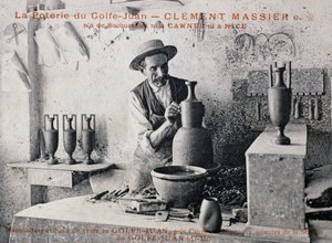 Postcard with Clement Massier (1844-1917), master potter of Poterie de Golf-Juan at work in his studio, France, 20th century