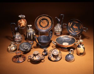 Pottery Group Showing an Etruscan Bucchero Ware Kantharos and a Gnathia Ware Guttus, Centre, Both 6th Century BC