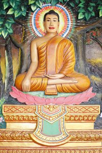Preah Prom Rath Monastery: Life of the Buddha: Meditation on a lotus flower, The Buddha shown in earth-touching position, Siem Reap, Cambodia