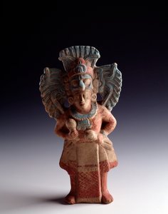 Pre-Columbian art, Mayan civilization, late classical period: statuette of anthropomorphic clay representing a standing figure, has the function of musical instrument. from Nebaj, Quiche, Guatemala. Dim. 21x11 cm Guatemala, Museo Nazionale di Archeologia e
