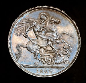 Rare British Coin, King George IV, Proof Silver Crown, Patron saint of England on horseback with sword about to slay the dragon, dies by Benedetto Pistrucci
