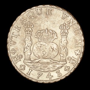 Rare Silver Coin, Spanish America King Ferdinand VI, 8 Reale, Pillars of Hercules on Straits of Gibraltar with globes, crown