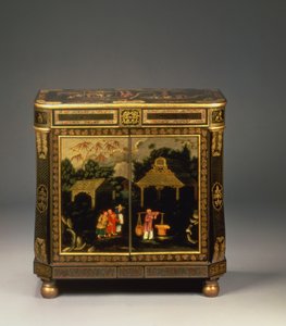 Regency tole peinte black japanned side cabinet, showing front doors painted with figures of merchants in a landscape, rare