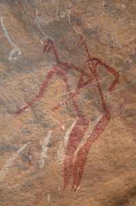 Rock Art, Prehistory: Rock painting of two longiline characters in an ornate shelter in the Uweinat Mountains, Sudan by Unbekannt