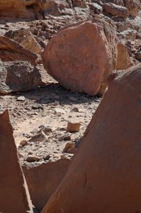 Rock art, Prehistory: Round rock with giraffes and ostrich engravings in the Uweinat massif, Sudan (Period from 8000 to 3000 years BC). Photography