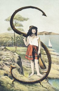 S: A Young Girl in a Short Skirt and Sleeveless Bodice Holding a Mandolin in Her Left Hand. Countryside Setting - Alphabet Characters Ref Th. E., L. Theochrom - Series 994. Theodor Eisman, publisher, Leipzig by Unbekannt