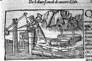 Salt production: cooking. Engraving by Olaus Magnus, Swedish religious and geographer, 