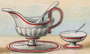 Sauce and sugar bowl. Engraving in "Alphabet de ma petite fille". Bernardin-Bechet and Fils, bookseller-publishers, Paris, around 1895
