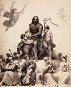 St. John the Baptist sits, surrounded by musician angels, and caresses a lamb on its head. Illustration of Canto XXXII in Paradiso of The Divine Comedy by Dante Alighieri. Work of Francesco Scaramuzza dedicated to the Municipality of Florence.