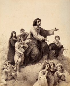 St. John the Evangelist with outstretched arms is surrounded by youth and angels; at his feet an eagle has in its talons the Gospel; a youth, to the right of the saint, holds the book of the Apocalypse (The Book of Revelation). Illustration of Canto XXXI by Unbekannter Künstler