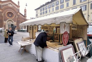 Stall Selling Prints, Piazza del Carmine, Milan, Lombardy, Italy