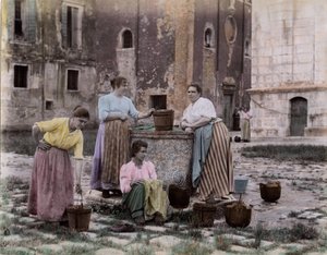 Street scene on the campo san Pietro in the Castello district, women meet at the well, Venice
