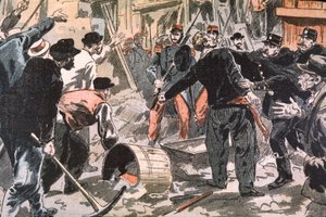 Struggle Between Breton Strikers and Law Enforcement Forces on a Construction Site, Paris, Early 20th Century (engraving) by Unbekannter Künstler