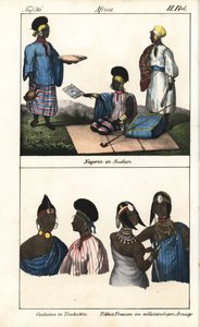 Sudanese women in striped dress. Below, demmes of Timbuktu (Mali) and Tibbo women of the Sahara. Lithography for the book: “Galerie complete en tableaux fideles des peuples d