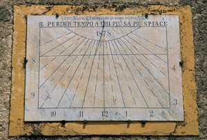 Sundial, side wall of Church of Maria Santissima Assunta, Palazzo Adriano, Sicily, Italy