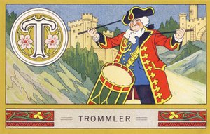 T: Drummer - Alphabet Palmin. Series of chromolithographs published by H. Schlinck & Co, Hamburg. Advertisement for Palmin finest coconut fat. Dimensions: 7 x 11 cm by William M. Timlin