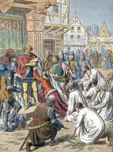 The Bourgeois of Calais, led by Eustache de Saint-Pierre, offer themselves as hostages to Edward III