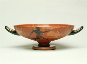 The Pursuit of Perseus, Attic black figure kylix made by The Pepaks Master, 525-520 BC