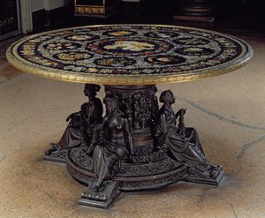The Table of the Muses, comprising a circular table top of pietra dura supported by a bronze drum with four bronze Muses, Florentine