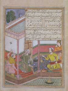 The Twenty-Seventh Night: Zarir and two other weavers sell cloth to a man holding a purse, from Tuti Nama (Tutiname) c.1580