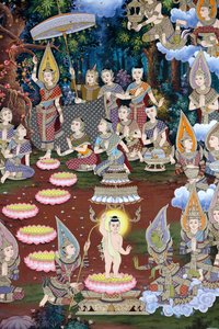 The Birth of Infant Siddhartha, Wall Fresco, Wat Maniratanaram Monastery, Phnom Penh, 2022 by Unbekannter Künstler