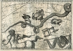 The constellation of Hydra, with a Crow that tingled it and a Cup of Balancing, originated from the myth of Apollo who had sent a crow with a cup full of water to make a sacrifice to Jupiter. Below the Hydra, the French astronomer Lalande (1732-1807)