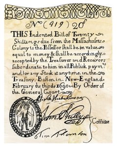 The First American Paper (Bank Note) Value of 20 Shillings, Issued by the General Court of the Boston Colony in 1690