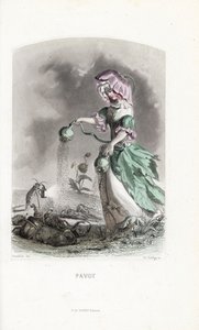 The poppy fairy sprinkles opium pods on beetles and locusts - Etching by Charles Geoffroy, based on an illustration by Jean Ignace Isidore Gerard for Les fleurs animees