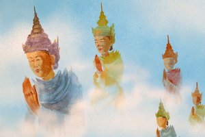 Thien Lam buddhist temple, Wall painting Worshipers. Hue, Vietnam, 2019