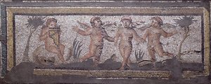 Three Dancing Putti Accompanied by One Playing the Pan Pipes, Border Detail from a Mosaic Pavement Depicting the Seasons and Hunting Scenes from the Constantinian Villa at Daphne, Roman, c.325-330 AD
