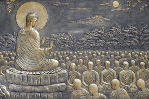 Tinh Xa Ngoc Chau Buddhist temple, The Life of the Buddha, Siddhartha Gautama, Buddha with disciples, teaching, The Buddha exhorted His first sixty Arahant disciples to go forth in different directions to preach the Doctrine, Chau Doc, Vietnam, 2018 by Unbekannt