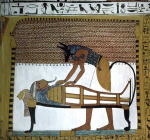 Tombs of craftsmen. Sennedjem mummy embalmed by God Anubis, Deir El Medineh site in Luxor, Egypt. Beginning of the 19th dynasty