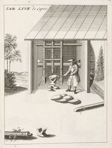 Processing of raw materials: metallurgy, breaking copper ingots with a mechanical hammer, powered by a water wheel by Unbekannt