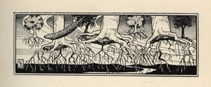 Trees uprooted by a storm replant their roots to the exact location where they were. Illustration by William Strang and JB Clark from 
