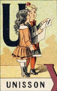 U: Unison - Engraving from ABCD des Petites Filles. Pellerin & Cie, printer-publisher, Epinal, circa 1890. Series A