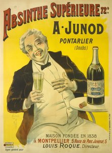 A Man Sitting at a Bistro Terrace Bursting into Laughter while Drinking a Glass of Absinthe