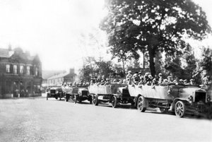 United Kingdom: A Line of Charabancs in the Town Centre, Poynton, Cheshire, c1925