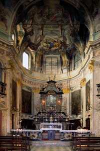 View of altar and frescoes by Lorenzo Peracino, Sanctuary of Madonna del Sasso, Piedmont, Italy