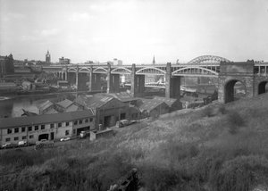 View of the High Level Bridge from Gateshead, High Level Bridge, UK, April 1969
