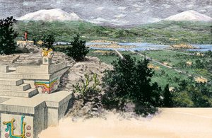 View of the City of Tenochtitlan, as it was on the Island Located on Lake Texoco, When it was the Capital of the Aztec Empire, Before 1521 - Colorized Engraving