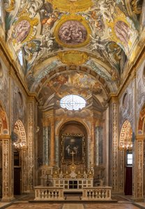 View of the interior with frescoes and the main altar, Church of Nunziatina, Todi, Umbria, Italy
