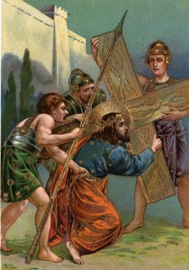 Way of the Cross - via crucis - Stations of the Cross: third station, Jesus falls for the first time under the weight of his cross Chromolithography Private collection