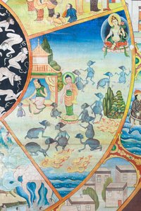 Wheel of life (detail), wall painting at Wat Umong, Chiang Mai, Thailand