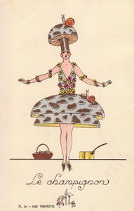 Woman in mushroom fancy dress costume, le mushroom, hat and dress in mushroom form, decorated with snails and flowers. Lithograph by unknown artist with stencil handcolouring from “Nos Travestis” (Our Fancy Dress Costumes), Paris by Unbekannter Künstler