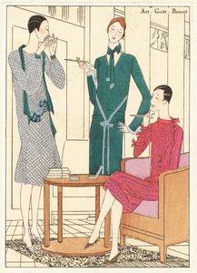 Women smoking in a chic interior in a dinner dress, gold blade and green velvet, afternoon dress in green wool, and afternoon dress in gold and red blade dress by Unbekannter Künstler
