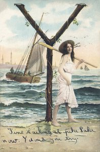 Y: A barefoot woman, dressed in a short sleeveless dress, holds an oar on her left shoulder. Marine decor - Alphabet Characters Ref Th. E., L. Theochrom - Series 994. Theodor Eisman, publisher, Leipzig