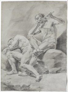 Two Naked Men, Sleeping and Playing Flute by Unbekannter Künstler