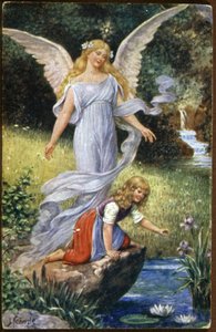 Guardian Angel Watching Over a Child, c. 1910 (Postcard) by Unbekannter Künstler