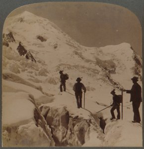 Ascent of Mt. Blanc - Crossing Bossons Glacier - Grands Mulets in Distance, Alps by Underwood and Underwood